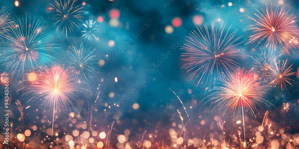 Fototapeta premium Colorful fireworks illuminate the night sky over a festive gathering, creating a vibrant display of light and color. Christmas background.