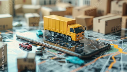 A yellow truck on top of an smartphone screen, while small brown cardboard boxes surround it, adding depth to the scene.