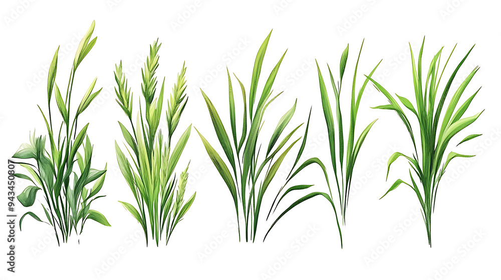 Fototapeta premium Hand-drawn set of blades of grass PNG 