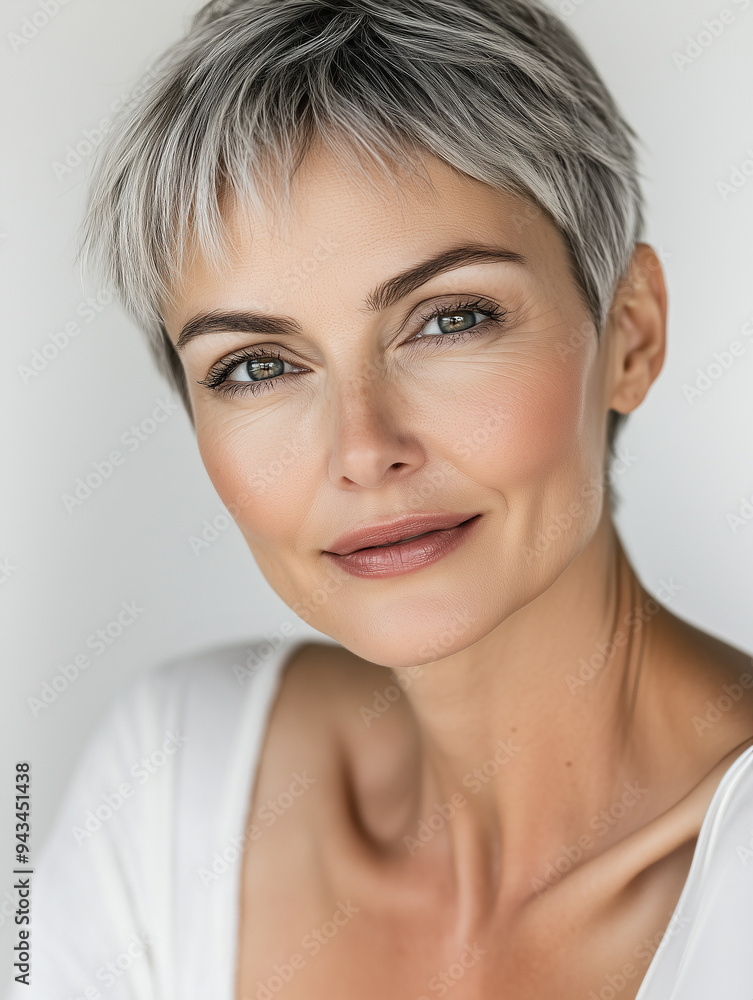 Portrait of an attractive confident mid age woman with grey short hair Portrait of an attractive confident mid age woman with grey short hair
