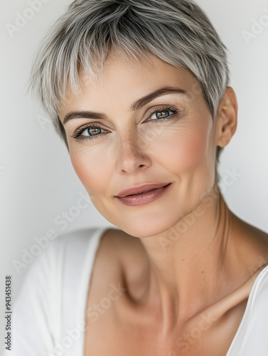 Portrait of an attractive confident mid age woman with grey short hair