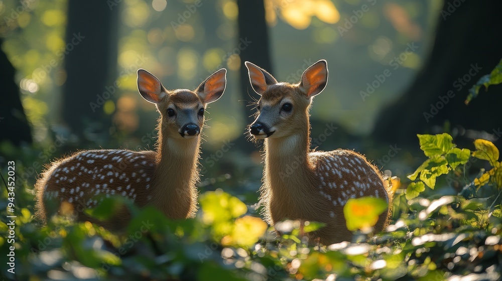 Two young deer stand amidst lush greenery in a forest, basking in the warm sunlight of autumn. Two young deer stand amidst lush greenery in a forest, basking in the warm sunlight of autumn.