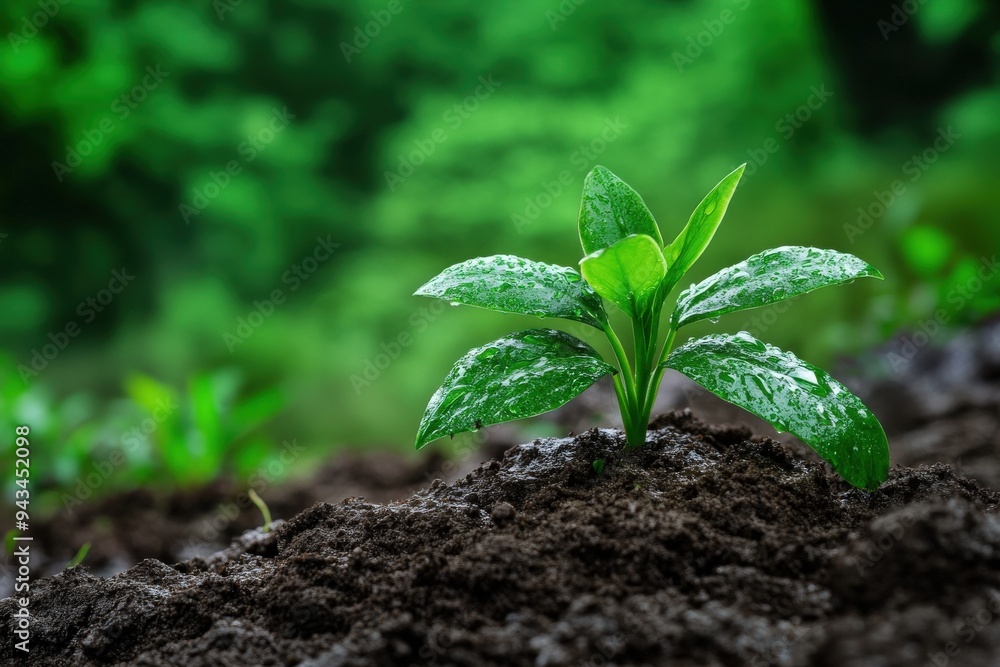 A vibrant green plant sprouting from the rich soil in a lush environment, symbolizing growth and the beauty of nature, highlighted by water droplets on its leaves. A vibrant green plant sprouting from the rich soil in a lush environment, symbolizing growth and the beauty of nature, highlighted by water droplets on its leaves.
