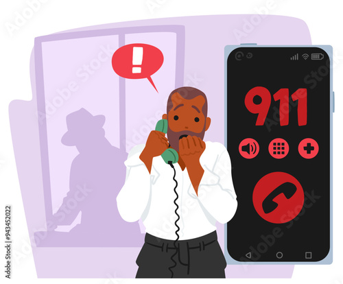 Frightened Male Character Calling 911 For Emergency Help. He Appears Distressed With A Shadowy Figure In The Background