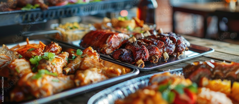 Obraz premium A metal tray displaying appetizers on a table at a BBQ joint with a copy space image