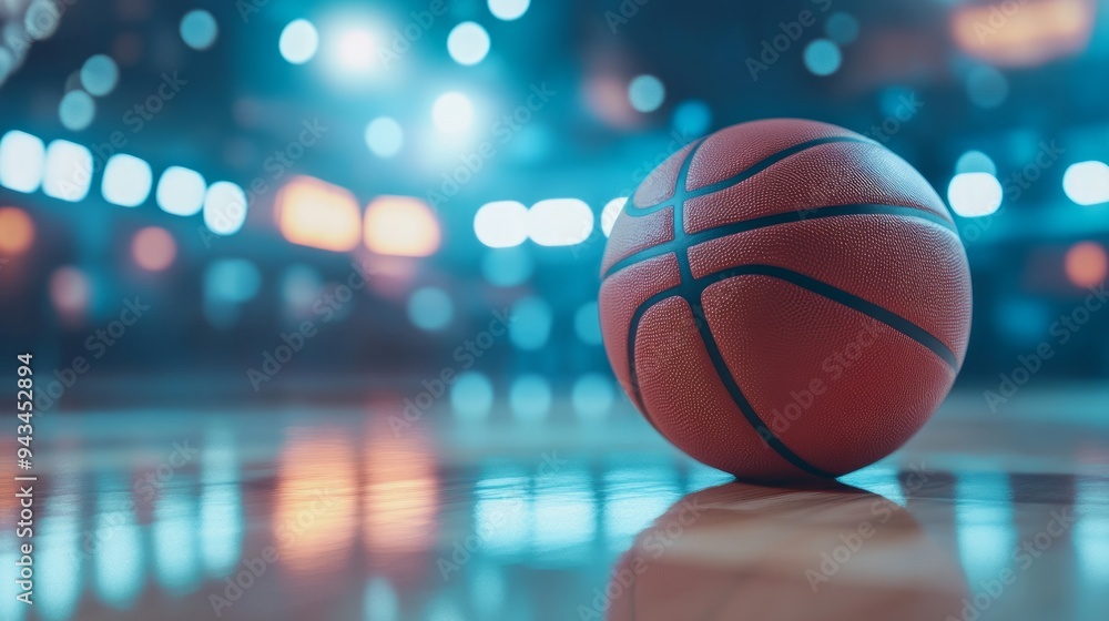 Basketball on a Court with Blue Lights Basketball on a Court with Blue Lights