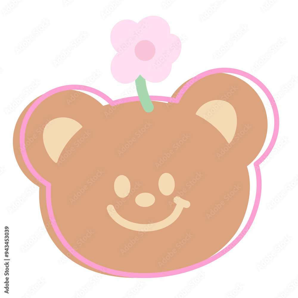 Fototapeta premium Illustration of teddy bear with pink flower for cartoon character, comic, mascot, animal, zoo, souvenir shop, cute patches, shirt print, plush toy, kid doll, emoji, sticker, spring, summer, decoration