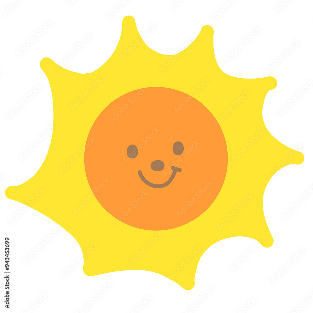 Happy sun illustration for spring, summer break, hot season, warm temperature, weather, picnic, cartoon character, comic, mascot, cute patches, shirt print, plush toy, kid doll, brooch, emoji, sticker