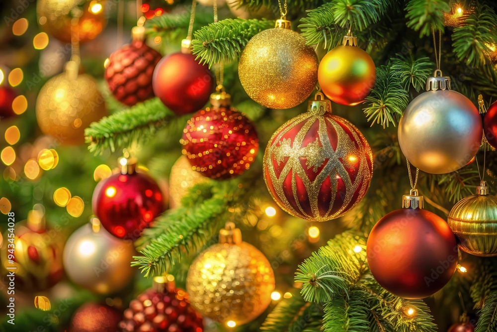 A close up view of a Christmas tree adorned with red and gold ornaments highlighted by glowing lights creating a warm inviting atmosphere perfect for celebrating Christmas A close up view of a Christmas tree adorned with red and gold ornaments highlighted by glowing lights creating a warm inviting atmosphere perfect for celebrating Christmas