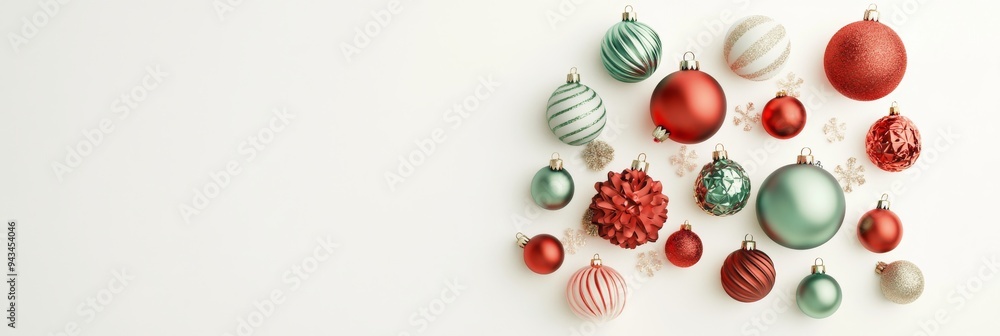 Festive Christmas Ornaments in Classic Red and Green on Minimalist Background with Copyspace. 3D Render for Holiday Greetings and Decorations. Festive Christmas Ornaments in Classic Red and Green on Minimalist Background with Copyspace. 3D Render for Holiday Greetings and Decorations.
