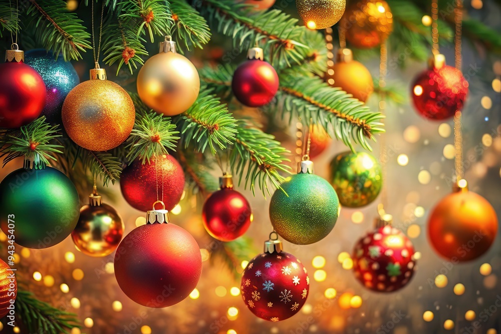 A picturesque view of a Christmas tree adorned with vibrant and shiny ornaments in various colors complemented by soft golden lights in a cozy setting. A picturesque view of a Christmas tree adorned with vibrant and shiny ornaments in various colors complemented by soft golden lights in a cozy setting.