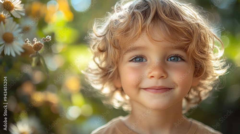 Smiling child with curly hair in a flowered field Smiling child with curly hair in a flowered field