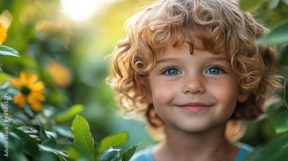 Curly-haired child smiling among green foliage Curly-haired child smiling among green foliage