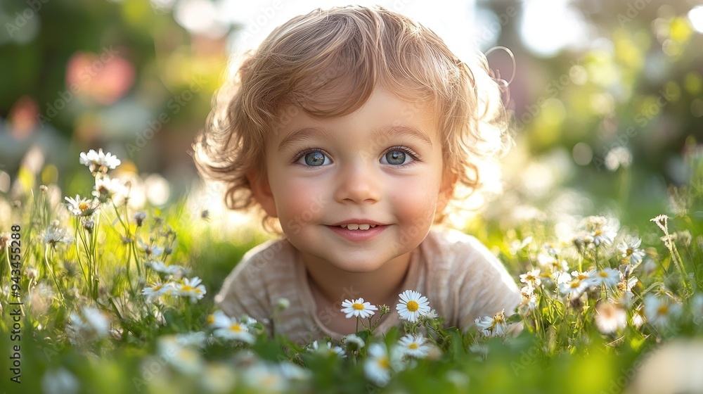 Happy child with blonde hair lying among flowers Happy child with blonde hair lying among flowers
