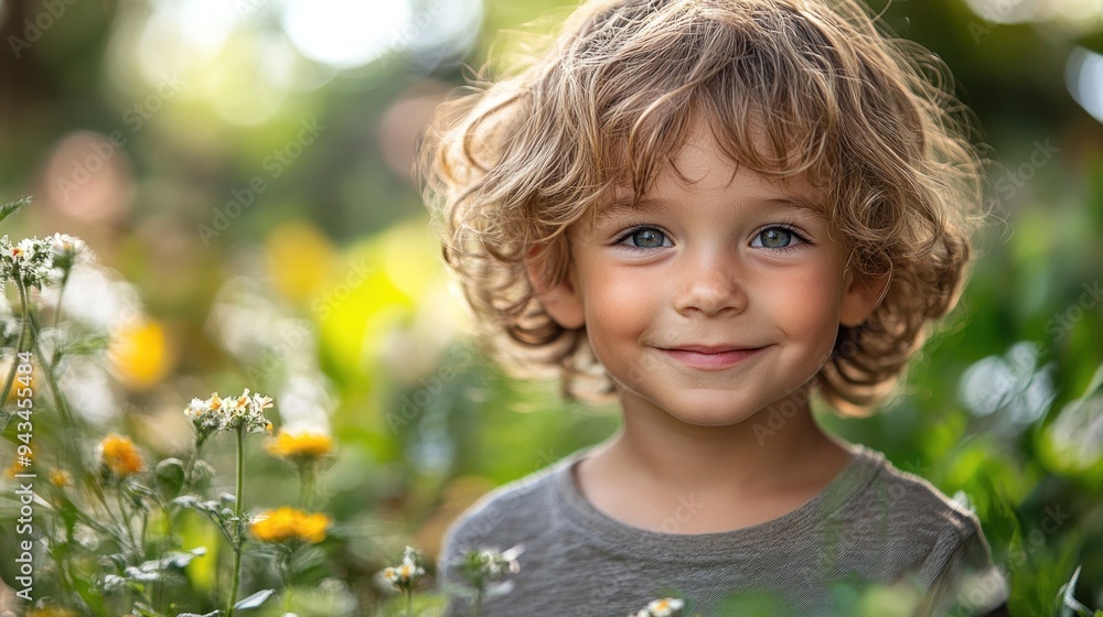 Smiling child in a green garden with yellow flowers Smiling child in a green garden with yellow flowers