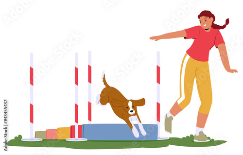 Woman Training A Dog To Jump Over Obstacles In An Outdoor Setting. The Dog Enthusiastically Leaps Over A Hurdle