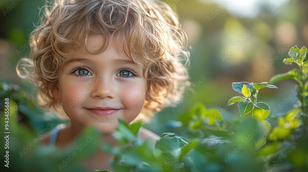 Smiling child in a garden with greenery and sunshine Smiling child in a garden with greenery and sunshine