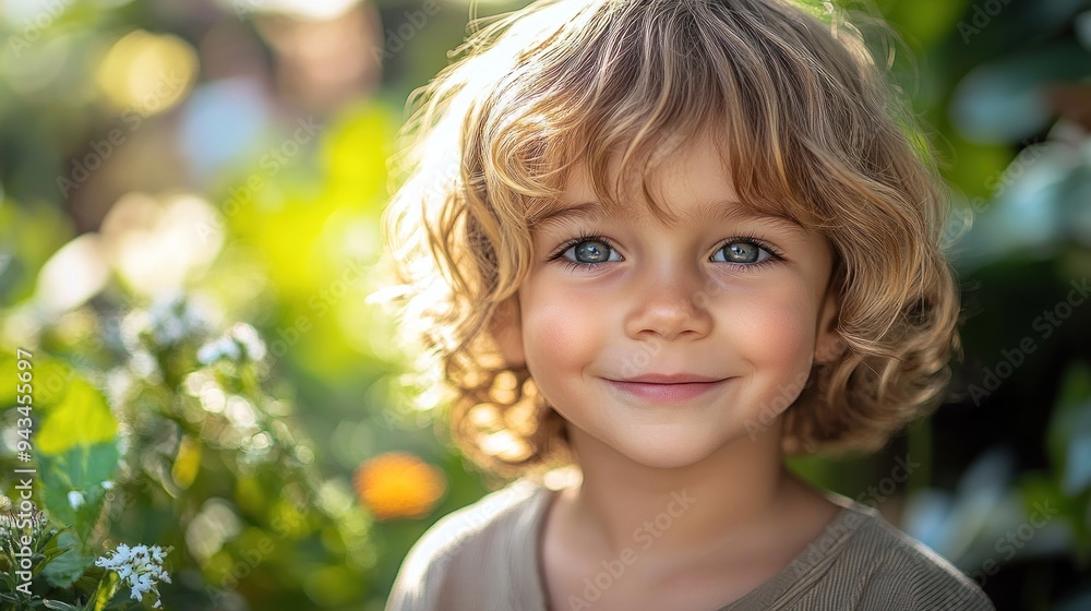 Happy child with blonde curls in flower-filled garden Happy child with blonde curls in flower-filled garden