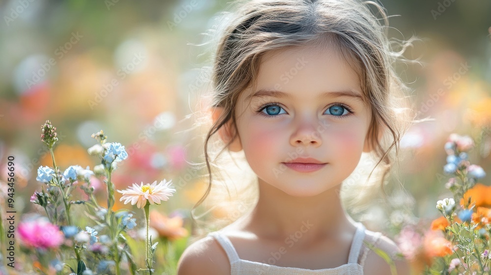 Serene girl in white dress among colorful flowers Serene girl in white dress among colorful flowers