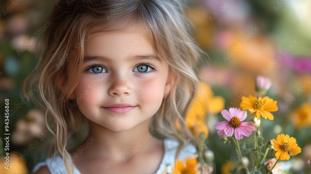 Smiling girl with flowers and vibrant background Smiling girl with flowers and vibrant background