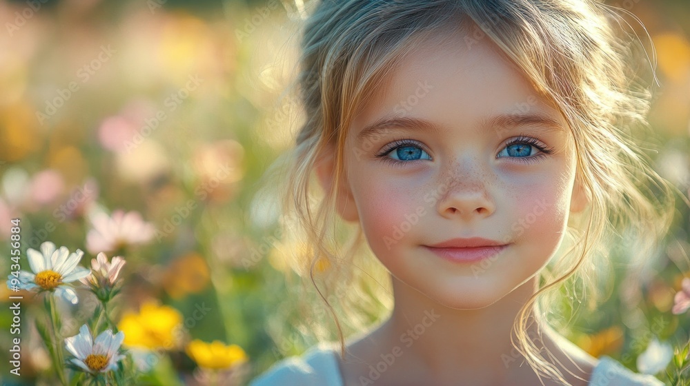 Fototapeta premium Sweet girl with freckled face amidst wildflowers