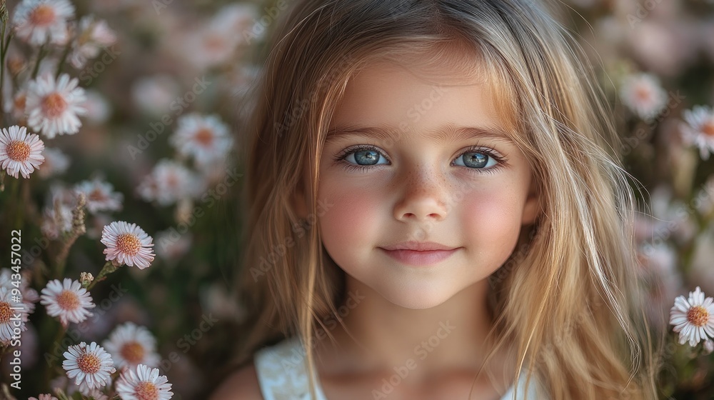 Adorable blonde girl in floral dress with white daisies Adorable blonde girl in floral dress with white daisies