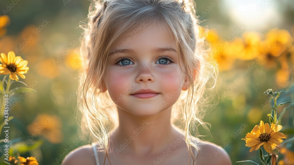 Little girl with golden hair surrounded by sunflowers
