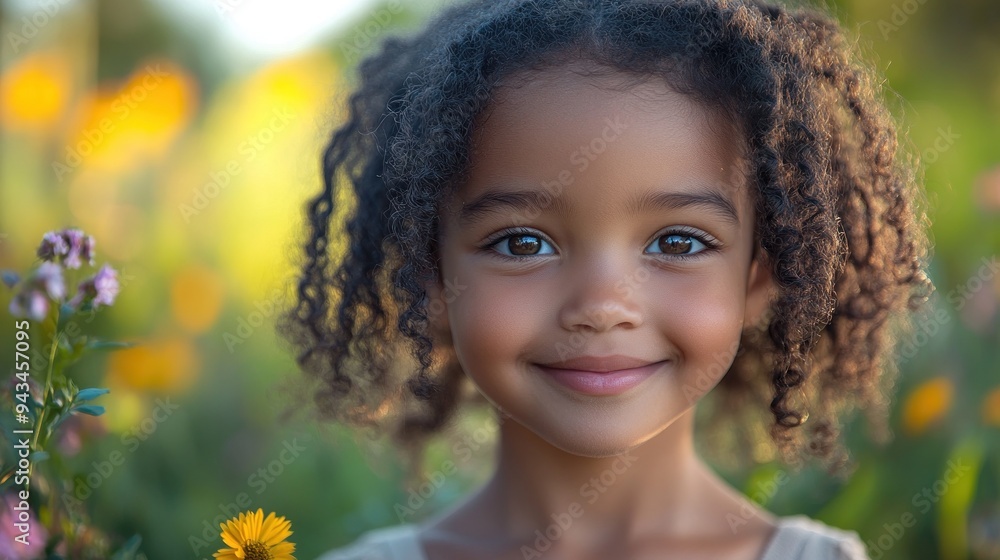 Curly-haired girl smiling amidst vibrant flower field Curly-haired girl smiling amidst vibrant flower field