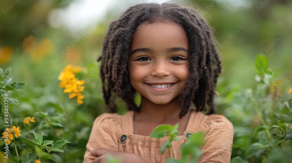 Laughing girl with dreadlocks in lush green garden Laughing girl with dreadlocks in lush green garden