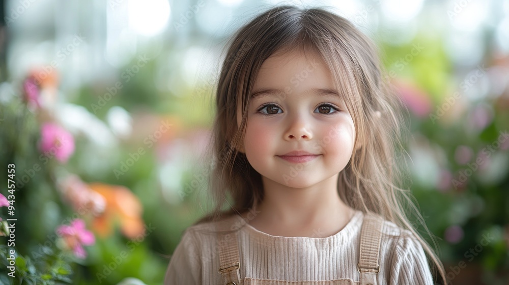 Smiling girl in a floral dress among blooming flowers Smiling girl in a floral dress among blooming flowers