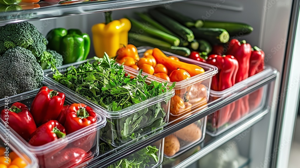 A variety of fresh vegetables stored in clear containers inside a refrigerator, showcasing healthy and colorful produce. A variety of fresh vegetables stored in clear containers inside a refrigerator, showcasing healthy and colorful produce.