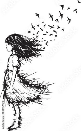 A logo with a haphazard line scribble of a girl dissolving into birds