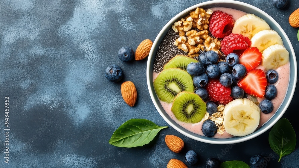 Smoothie bowl overflowing with fruits, nuts, and seeds, symbolizing healthy living. Smoothie bowl overflowing with fruits, nuts, and seeds, symbolizing healthy living.