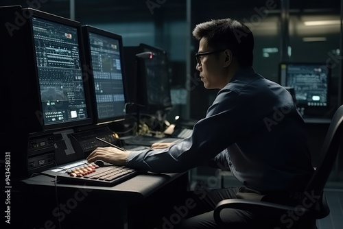 IT professional working in a dark server room