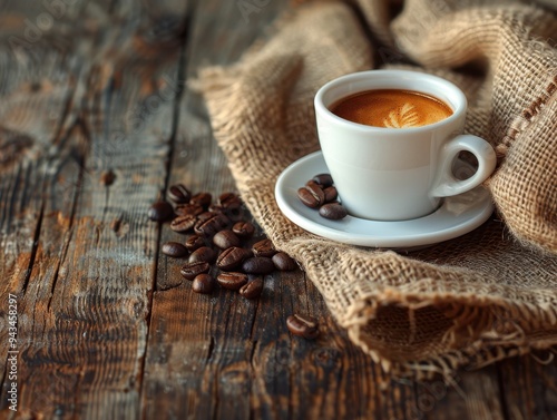 A white cup of espresso resting on a rustic wooden table with scattered coffee beans and burlap fabric, evoking a cosy and warm coffeehouse atmosphere.