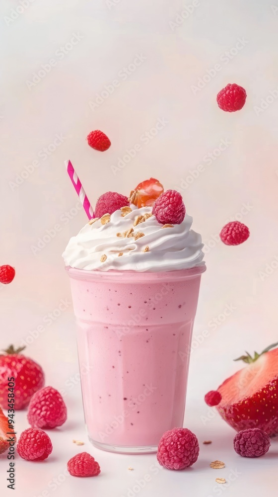 A glass of strawberry milkshake with whipped cream, raspberries, and a straw, with strawberries and raspberries scattered around. A glass of strawberry milkshake with whipped cream, raspberries, and a straw, with strawberries and raspberries scattered around.