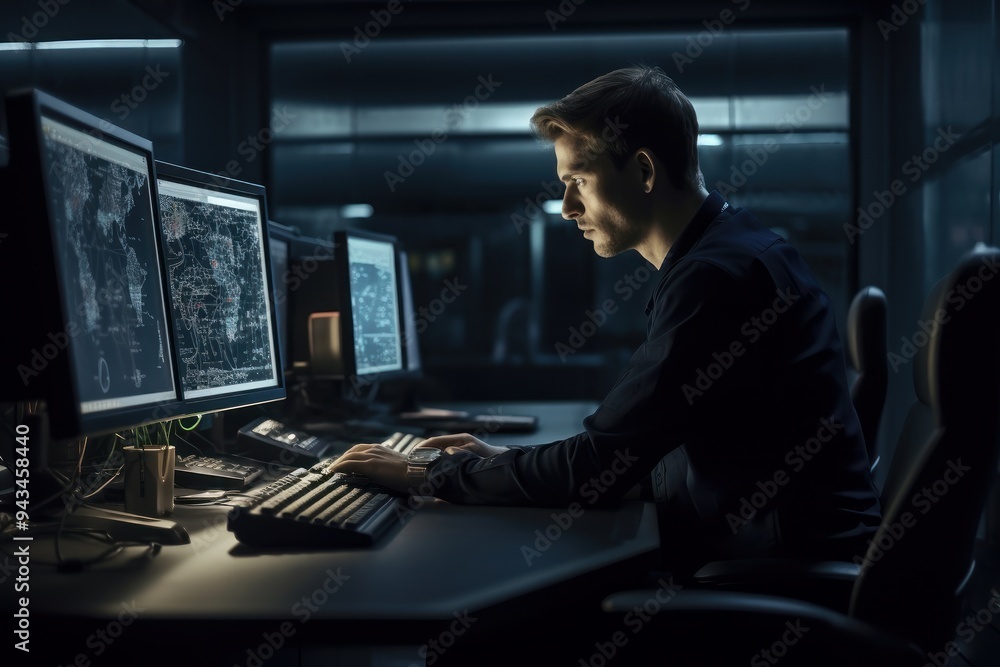 IT professional working in a dark server room IT professional working in a dark server room