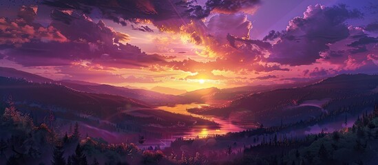 Leinwandbilder Aubergine Dramatic vibrant sunset over a scenic landscape showcasing nature with a stunning purple pink and gold sky at dusk providing an image with copy space  © HN Works