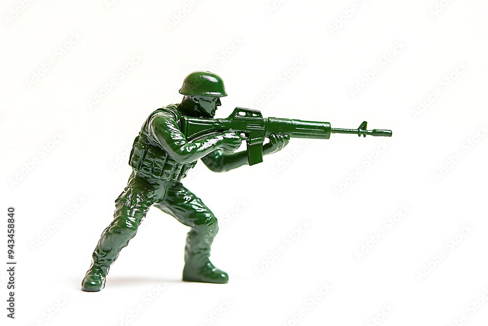 Toy soldier figurine in green plastic, standing on a war-torn battlefield Toy soldier figurine in green plastic, standing on a war-torn battlefield