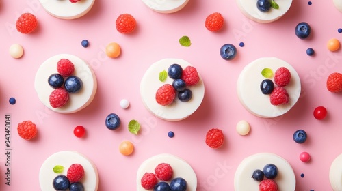 A pattern of white round cakes with blueberries and raspberries on top. There are also colorful sprinkles on the pink background.