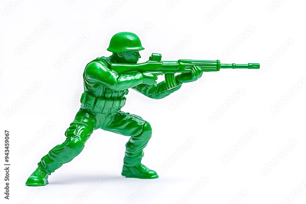 Toy soldier figurine in green plastic, standing on a war-torn battlefield