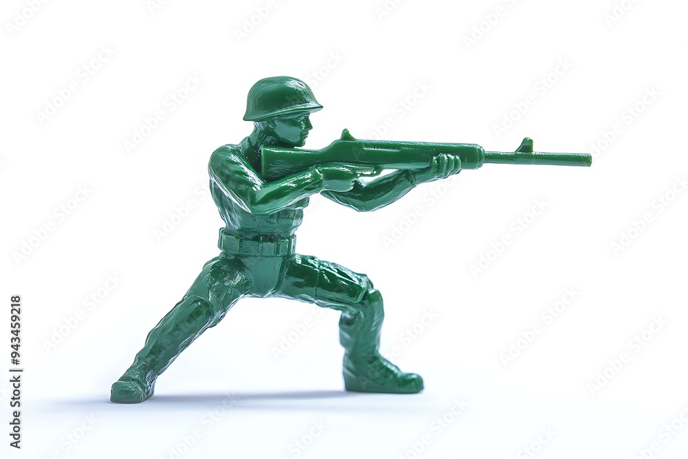 Toy soldier figurine in green plastic, standing on a war-torn battlefield Toy soldier figurine in green plastic, standing on a war-torn battlefield