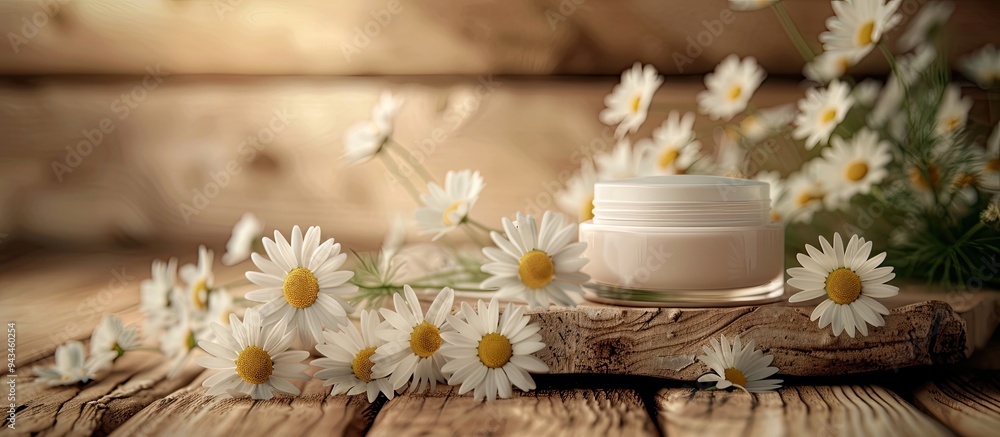 Herbal cosmetic skin care product and chamomile daisy flowers displayed on a wooden table providing an eco friendly beauty concept in a copy space image Herbal cosmetic skin care product and chamomile daisy flowers displayed on a wooden table providing an eco friendly beauty concept in a copy space image