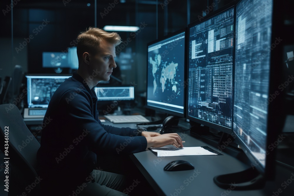 IT professional working in a dark server room IT professional working in a dark server room