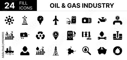 Collection of 24 oil & gas industry fill icons featuring editable strokes. These outline icons depict various modes of oil & gas industry, gas refinery, crude oil, lubricant, gas pump, fossil