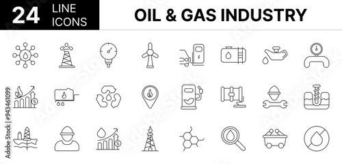Collection of 24 oil & gas industry line icons featuring editable strokes. These outline icons depict various modes of oil & gas industry, gas refinery, crude oil, lubricant, gas pump, fossil