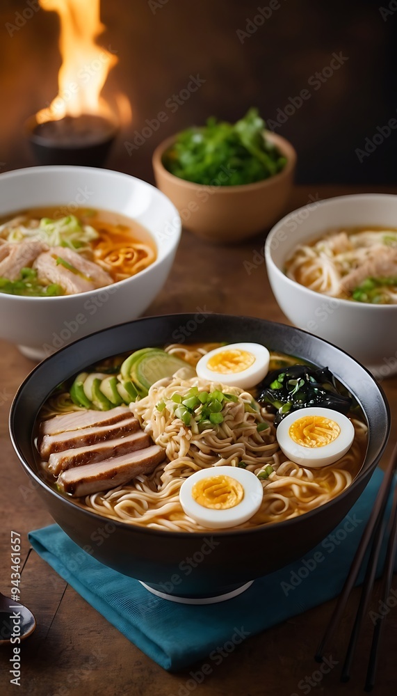 Delicious Japanese Ramen with chicken, Mushrooms, Eggs, noodles, meat in bowl Delicious Japanese Ramen with chicken, Mushrooms, Eggs, noodles, meat in bowl