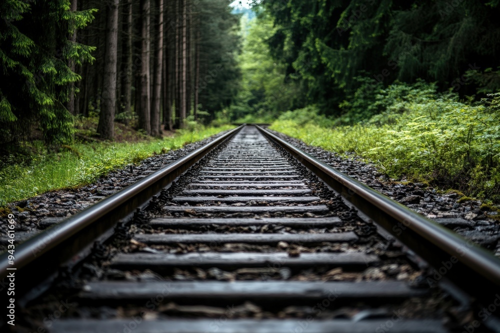 An empty railway track stretches through a dense green forest, with sunlight filtering through the trees, symbolizing a journey into the unknown amidst the tranquility of nature. An empty railway track stretches through a dense green forest, with sunlight filtering through the trees, symbolizing a journey into the unknown amidst the tranquility of nature.