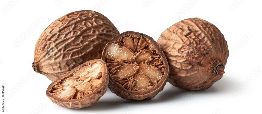 Nutmeg a common Indonesian spice displayed with the outer skin removed against a white background for copy space image