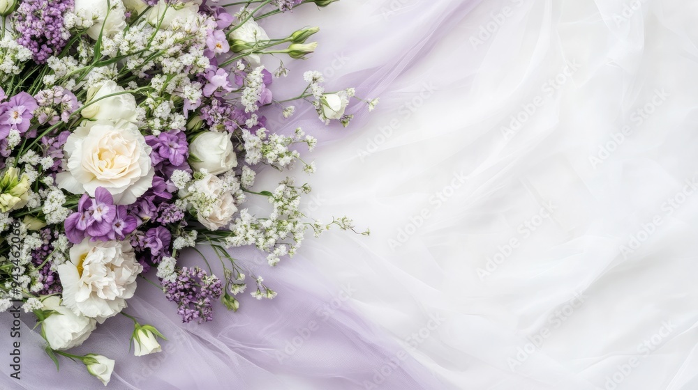 Delicate Bouquet of White and Purple Flowers on Sheer Fabric Delicate Bouquet of White and Purple Flowers on Sheer Fabric